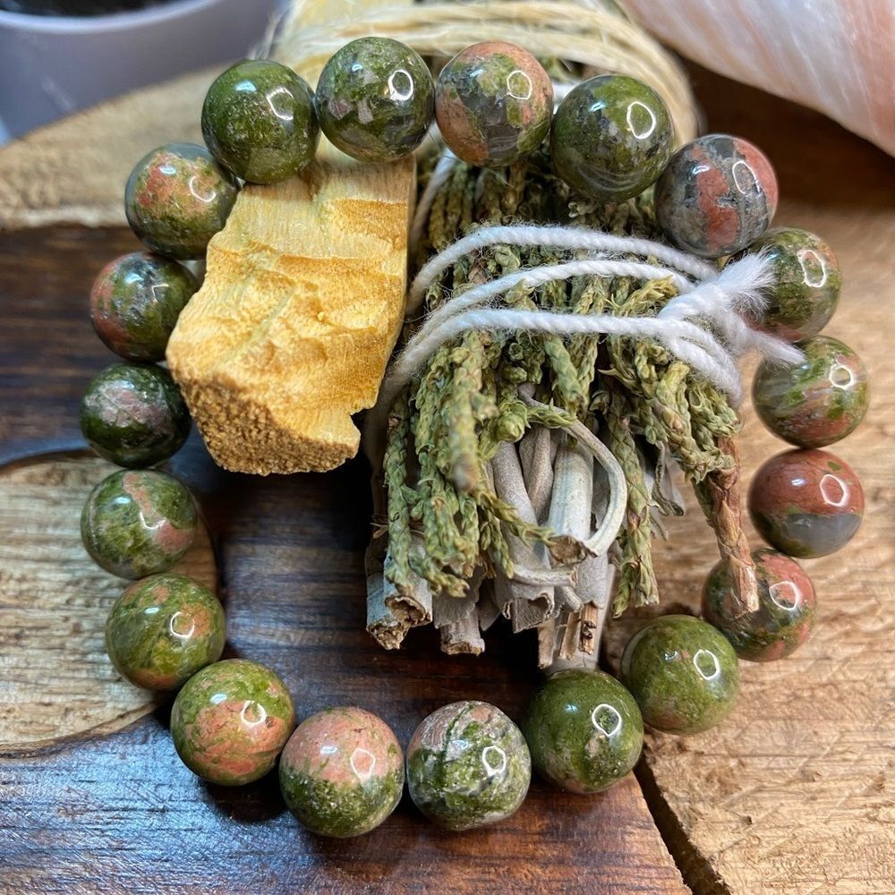 Green & Pink Unakite Jasper Bead Stone Bracelet 10mm